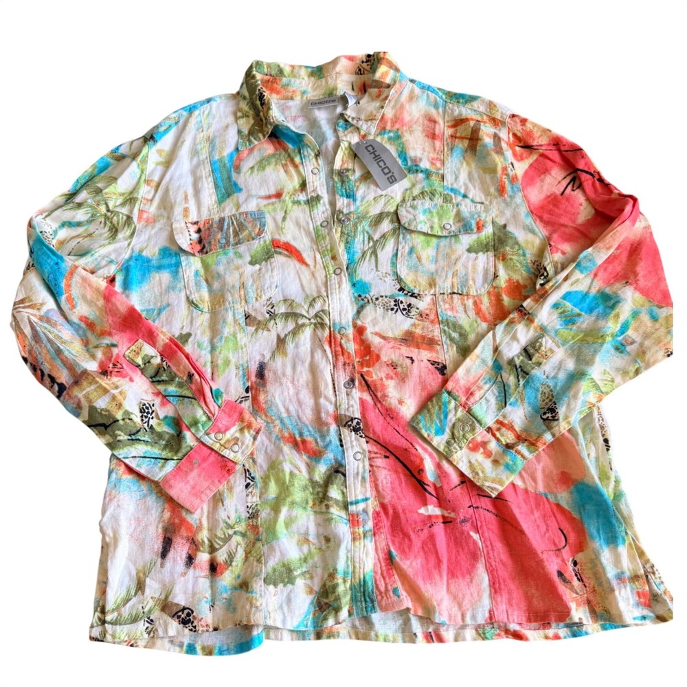 Chicos 100% Linen Tropical Paradise Shirt size 3 resort vacation coastal grandma